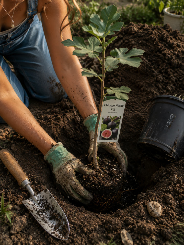 Planting a young fig tree in a garden