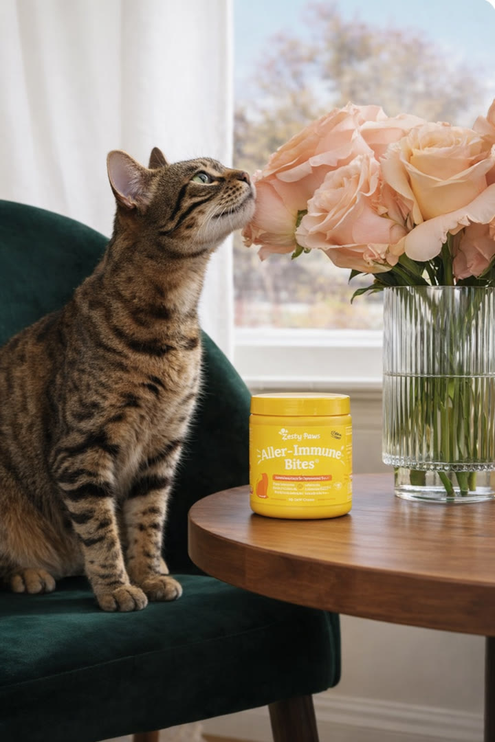Meeko beside Zesty Paws treats and roses