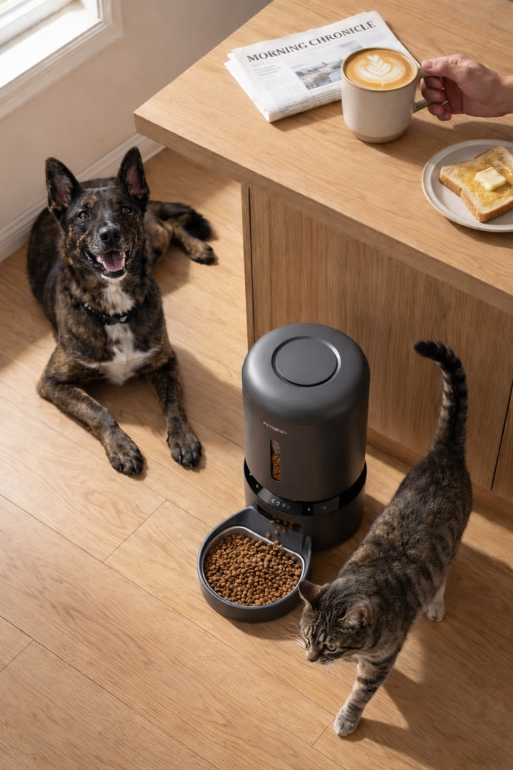 Atlas and Meeko beside an automatic pet feeder