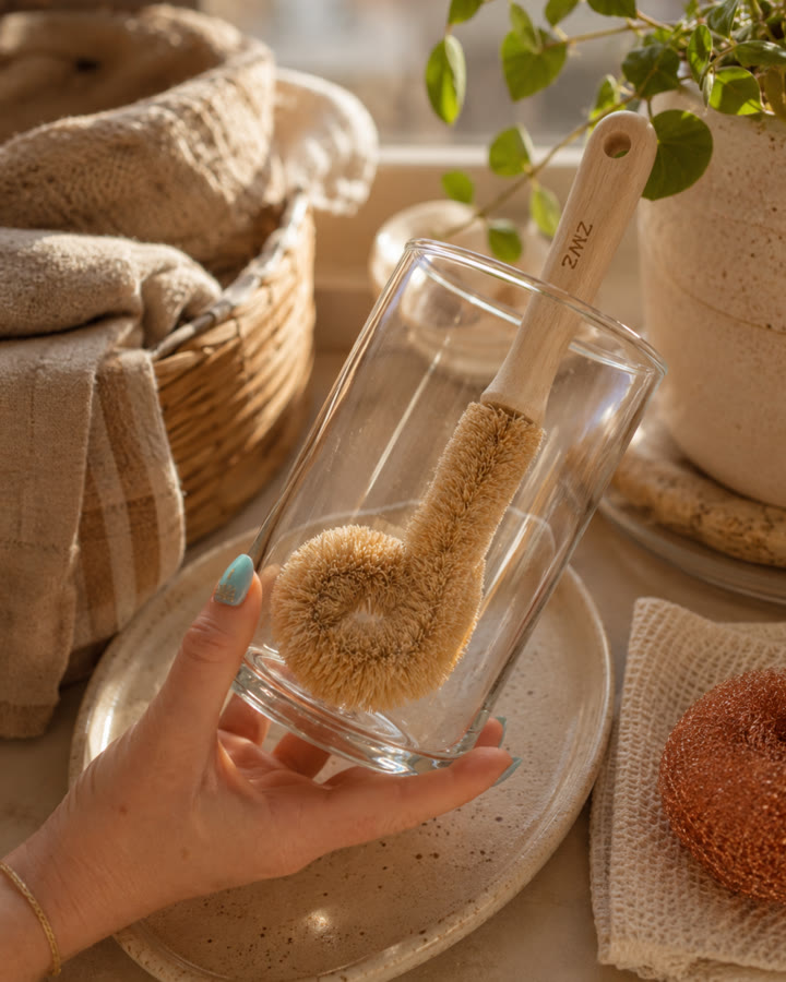 Zero waste cleaning brush styled in a warm home
