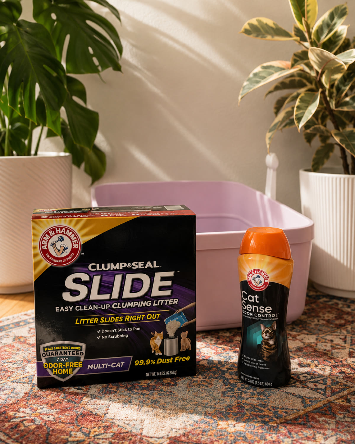 ARM & HAMMER products styled beside a pink litter box