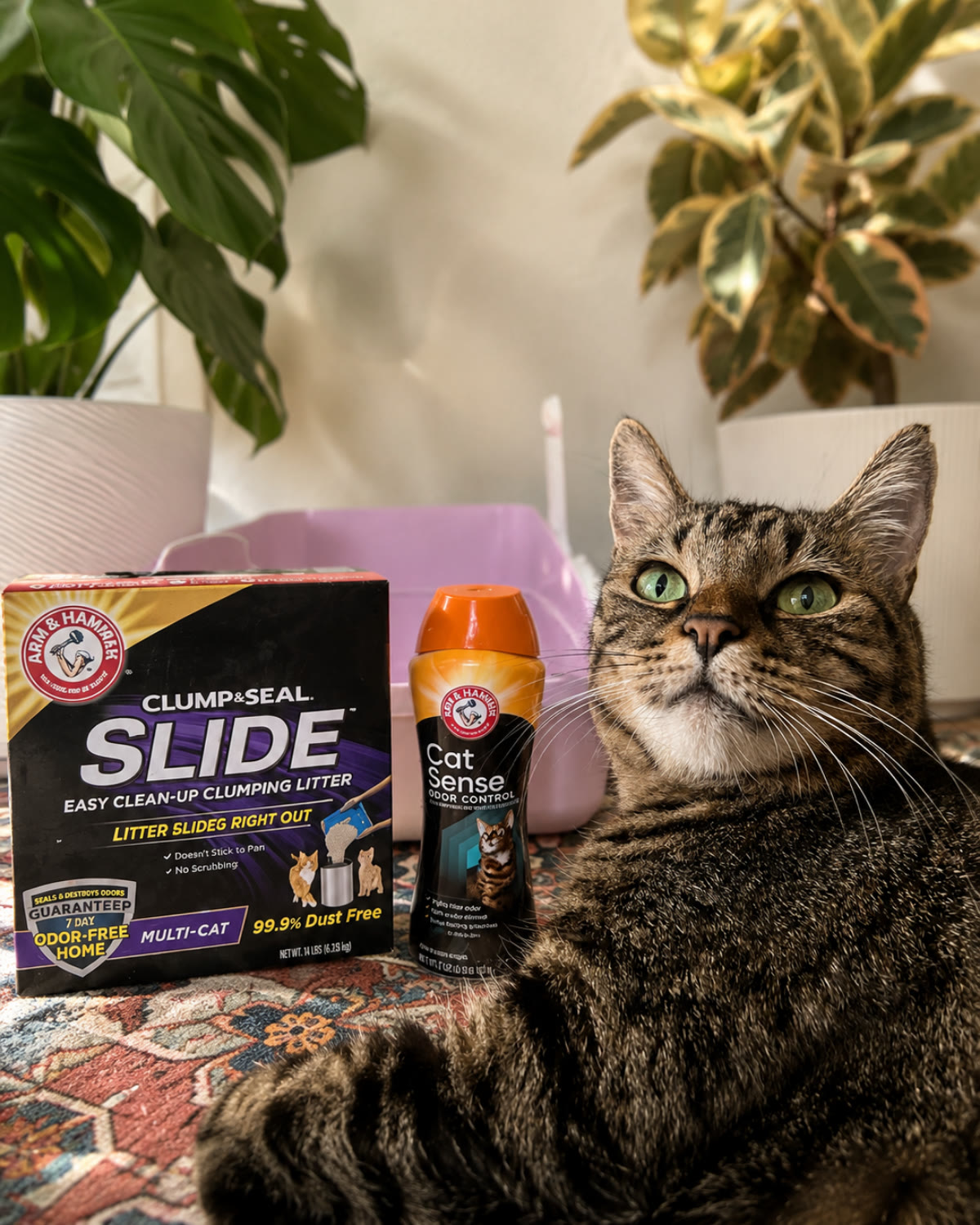 Meeko posing with ARM & HAMMER litter and odor control products