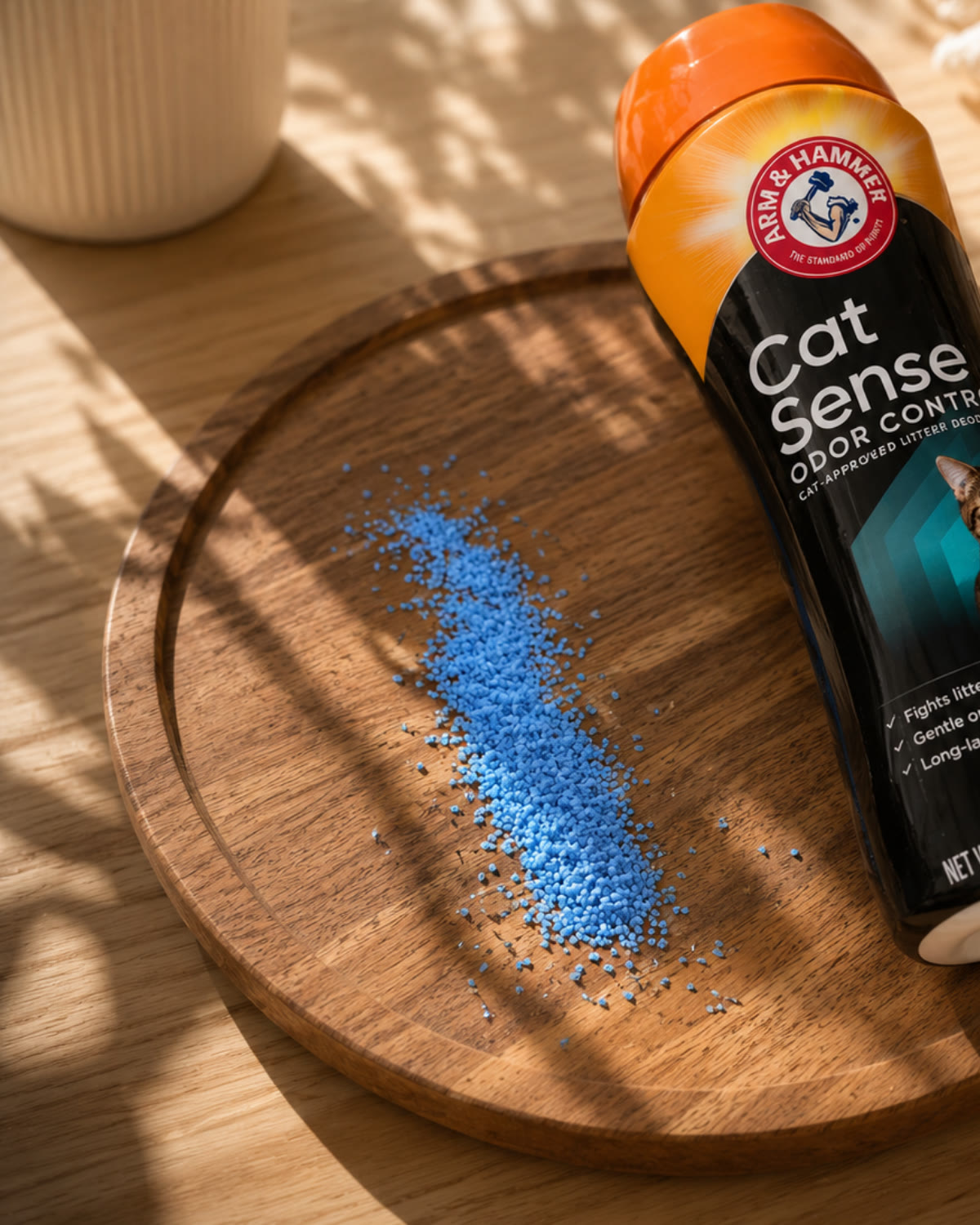 ARM & HAMMER Cat Sense odor control granules in warm window light