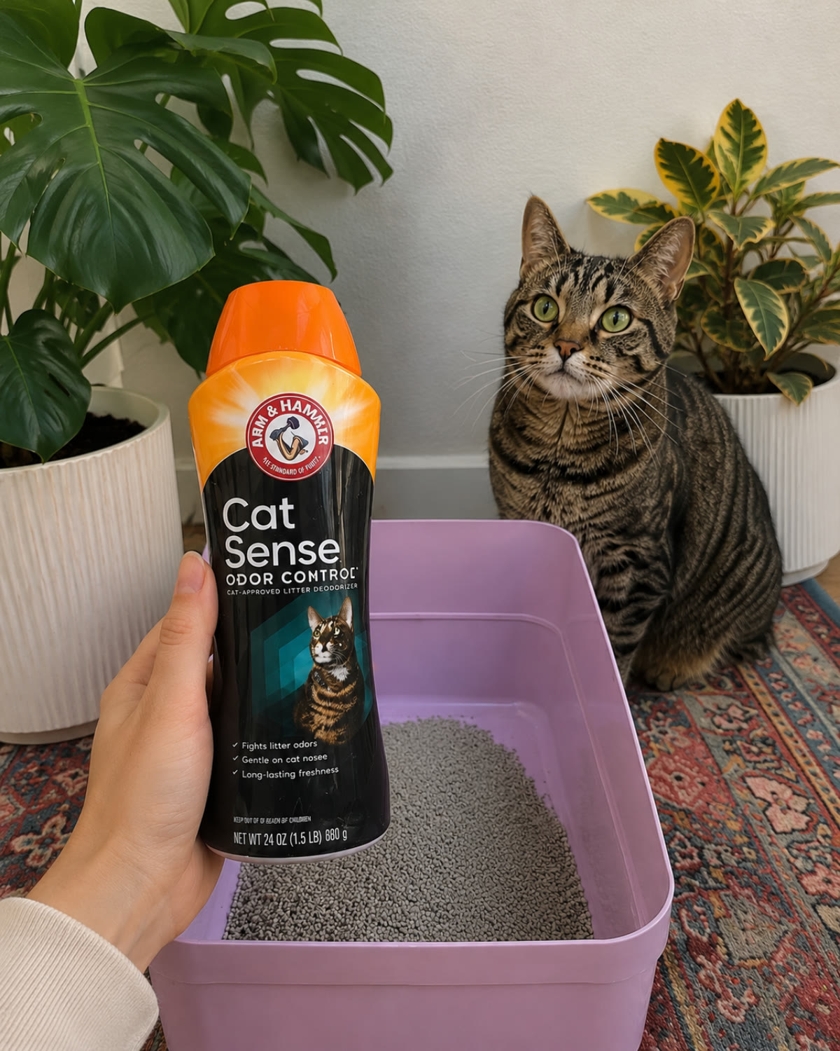 ARM & HAMMER Cat Sense held beside Meeko and the litter box